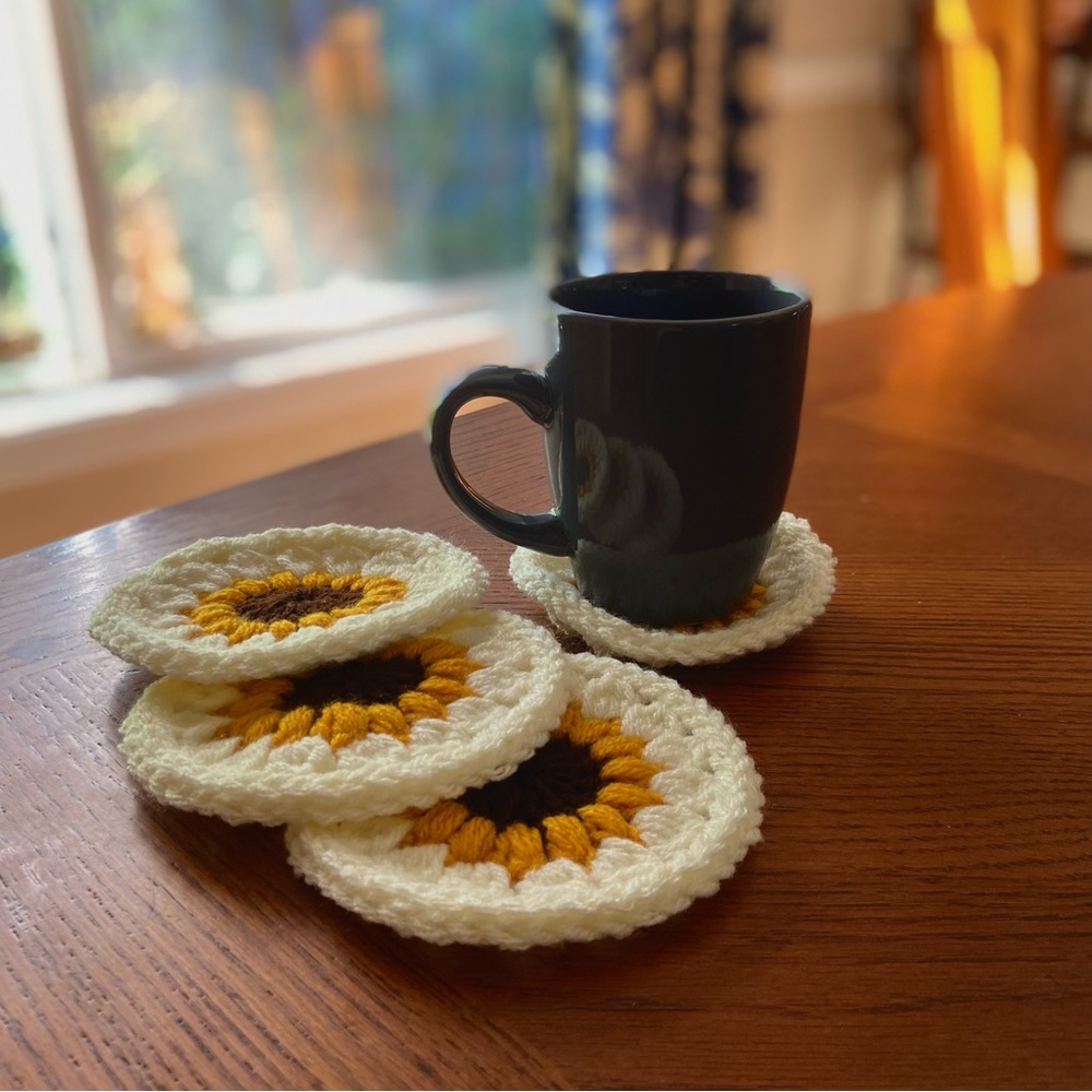 set of 4 handmade crochet sunflower coasters